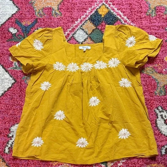 Madewell Mustard Yellow Embroidered Daisy Square-Neck Blouse - Picture 6 of 7